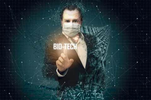 Middle-aged man in the shape of a robot and using mouth covers, touching a sc Stock Photos