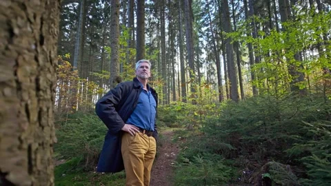 Middle aged man standing in a Forest Path looking around Stock Footage 290763996