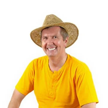 Middle aged man in straw hat on white background Stock Photos