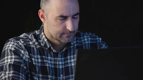 Middle Aged Man Sweating at Laptop and Celebrating Success Close Up 스톡 동영상 343451193