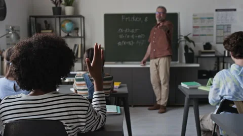 Middle Aged Man Teaching Math Lesson with Child Raising Hand Stock Footage 339673504