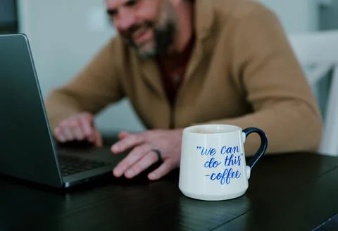 Middle Aged Man Testing Dad Joke Generator Website Stock Photos