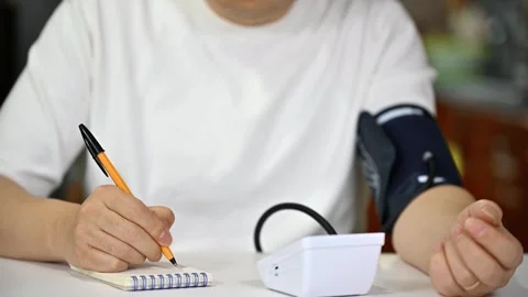 Middle-aged man using blood pressure monitor Stock Footage 261923394