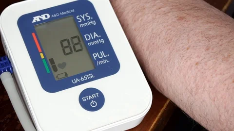 Middle aged man using home blood pressure monitor shows high blood pressure. Stock Footage 96076732