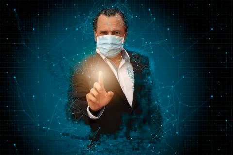 Middle-aged man in virtual technological environment, touches screen with his Stock Photos