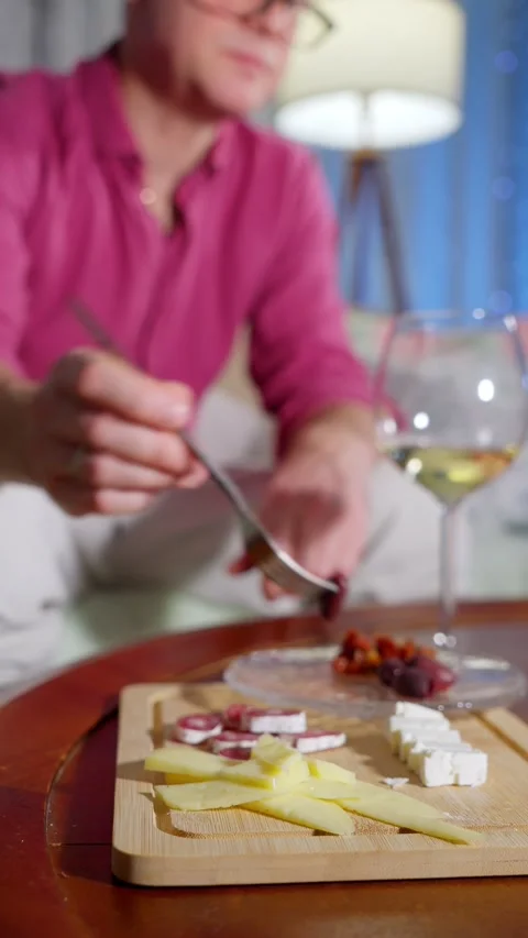 Middle-aged man watching TV with glass of wine at night Stock Footage 302842704