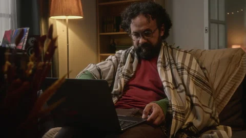 Middle-aged Man Working as Freelancer Opening Laptop at Night Stock Footage 341677359