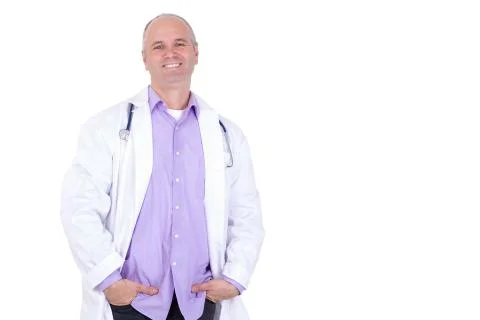 Middle aged practitioner doctor looking at you relaxed Stock Photos