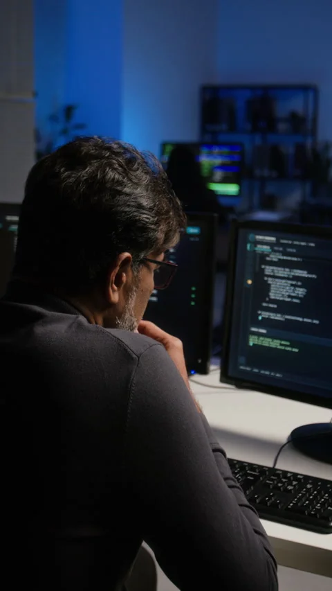 Middle Aged Programmer Analyzing Cybersecurity Code on Monitors at Night Stock Footage 347291663