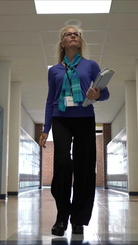 Middle-aged Teacher Walks Through School Hallway With Purpose and Confidence Stock Footage 307041105