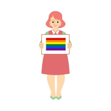 A middle aged white ginger fat woman in a dress holds a poster or a banner with Stock-Illustration