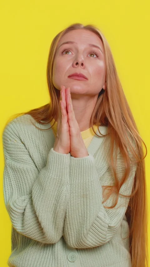 Middle-aged woman praying making wish, asking hopeful help, begging apology Stock Footage 314200441