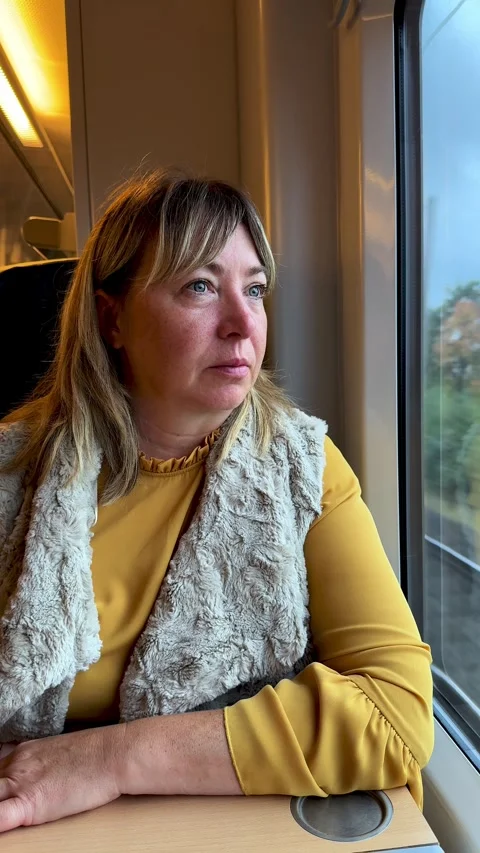 Middle aged woman sitting on train and thoughtfully looking through  window. Stock Footage 337762286