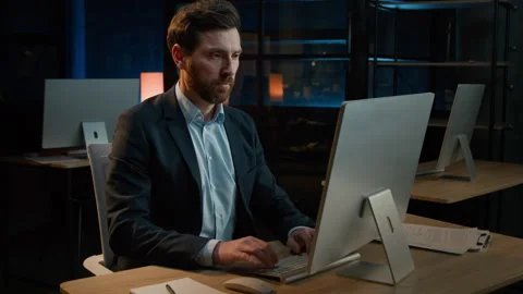 Middle-aged worker 40s Caucasian man businessman male executive write notes Stock Footage 243364640