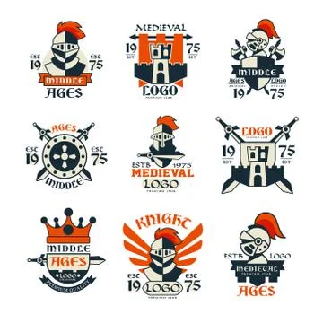 Middle ages logo design set, vintage medieval emblem since 1975 vector Stock Illustration