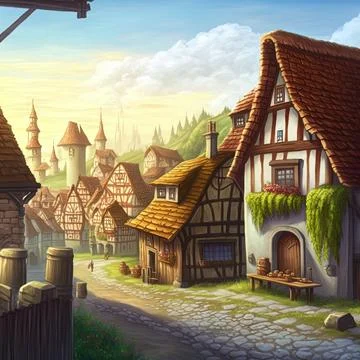 Middle Ages Small Fairy Tale Village. Concept Art for Video Games. Fiction Stock Illustration