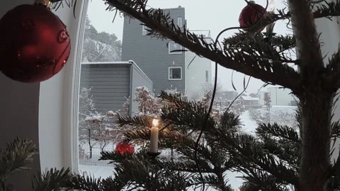 In the middle of a christmas tree while snow is falling. Stock Footage 146901839