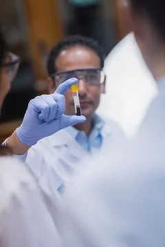 Middle Eastern and Arab young doctors and lab technician examining blood sample 스톡 사진