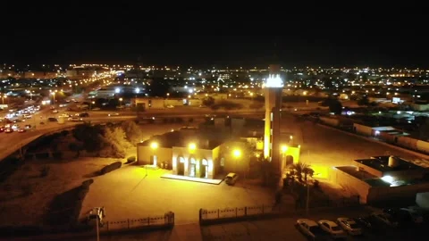 Middle Eastern Arab local Mosque Night Drone View Stock Footage 201962392