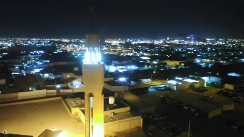Middle Eastern Arab local Mosque Night Drone View Stock Footage 202040146