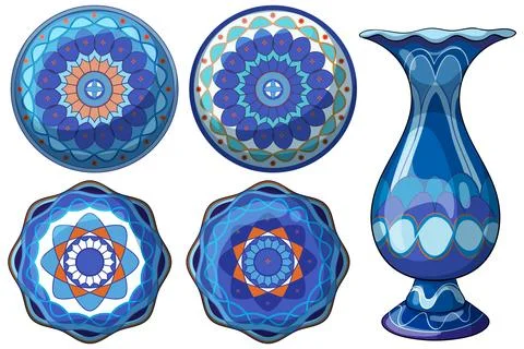 Middle Eastern Blue Ceramic Vase and Ornamental Plate Designs Stockillustratie