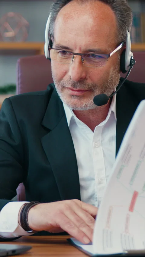 Middle eastern boss look at resume paper and having work confrence video call. B Stock Footage 333841410