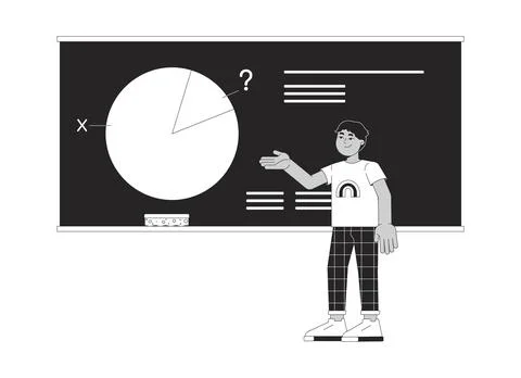Middle eastern boy standing at blackboard bw 2D line cartoon character Stock Illustration