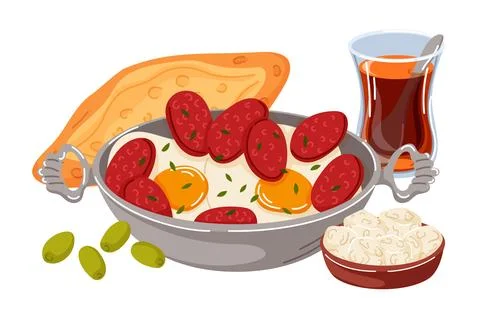 Middle Eastern Breakfast that with Eggs, sausage sucuk, and ekmek Bread in Stock Illustration