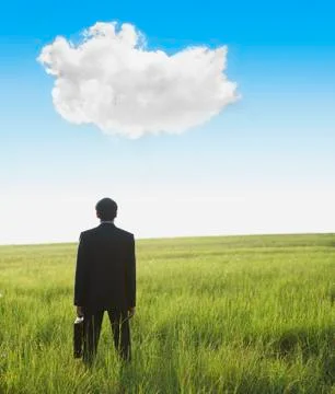 Middle Eastern businessman in field looking at cloud Illustrazione stock