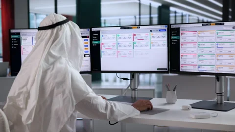 Middle Eastern Businessman Using ERP Software On Desktop Computer Stock Footage 347909026