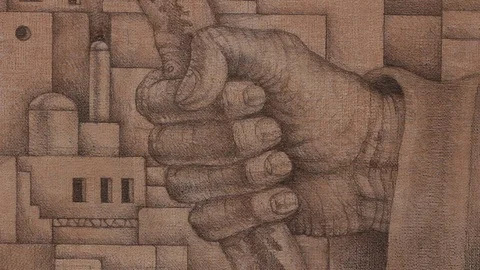 Middle-eastern city and hand drawing Stock Footage