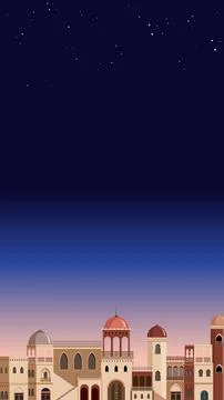 Middle Eastern City Skyline Under a Starry Night Sky Vector Illustration Ilustración de archivo