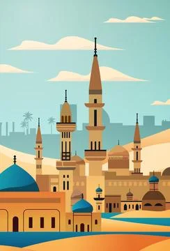 Middle Eastern cityscape with domes and minarets desert background palm trees Stock Illustration