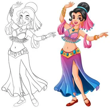 Middle Eastern Dancer Character Vector with Color and Outline Illustrazione stock