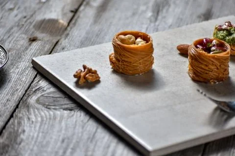 Middle Eastern dessert with on a stone plate Stock Photos