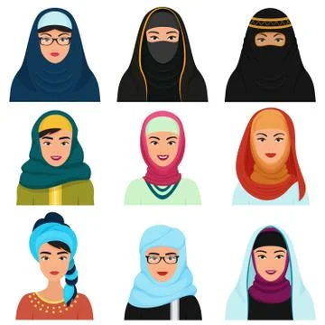Middle Eastern female avatars set. Arabian muslim woman traditional hijab face Stock-Illustration