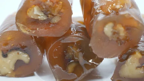 A Middle Eastern fruit and nut pastille in close up view. Stock Footage 201211748