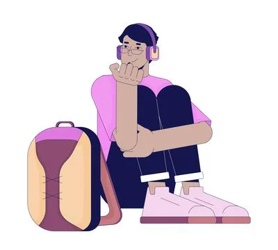Middle eastern guy headphones sitting with backpack 2D linear cartoon character イラスト素材
