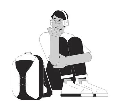 Middle eastern guy headphones sitting with backpack bw 2D line cartoon character イラスト素材