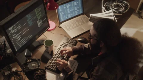 Middle Eastern Hacker Working in 90s Style Home Office Stock Footage 263299232
