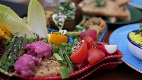 Middle eastern healthy vegan appetizer plate of falafels, hummus, pickles, baba Stock Footage 139685484