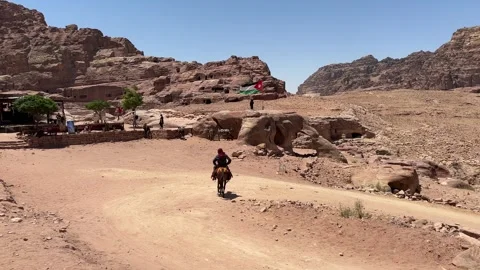 Middle Eastern local man riding a horse through the worn desert paths of Petra Stock Footage 310800595