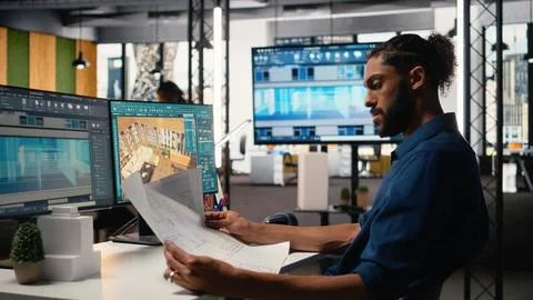 Middle eastern male developer creating property layout with furniture Foto stock