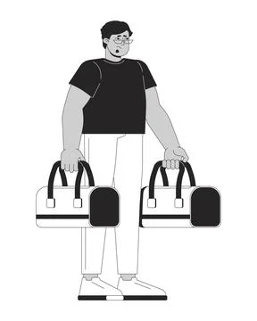 Middle eastern man carrying luggage with sad expression 2D line character Illustrazione stock