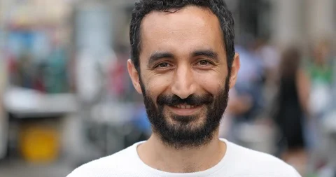 Middle eastern man in city beard face portrait smile happy Video stock 91406142