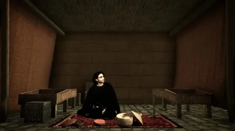 Middle Eastern Merchant becomes afraid by lightening Stockbeeldmateriaal 48715650