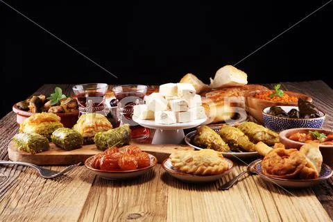 Middle eastern or arabic dishes and assorted meze, concrete rustic background Stock Photos