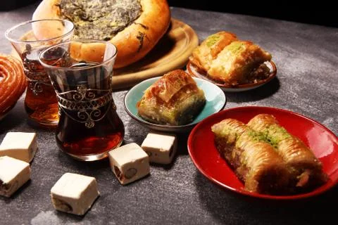 Middle eastern or arabic dishes and assorted meze, concrete rustic background Stock Photos