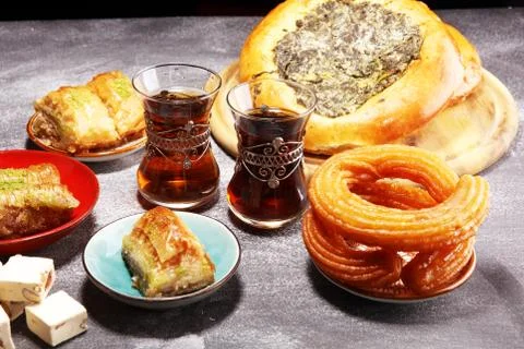 Middle eastern or arabic dishes and assorted meze, concrete rustic background Stock Photos