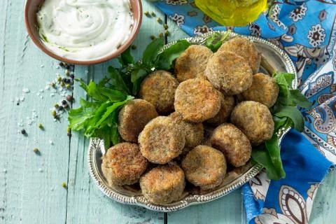 Middle eastern or arabic dishes. Fresh vegetarian falafel. Stock Photos